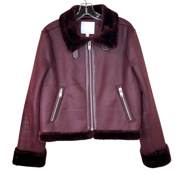 Anthropologie - Women’s ‘Costello’ Moto Sherpa Jacket, Burgundy - Red, Medium - Picture 3 of 15